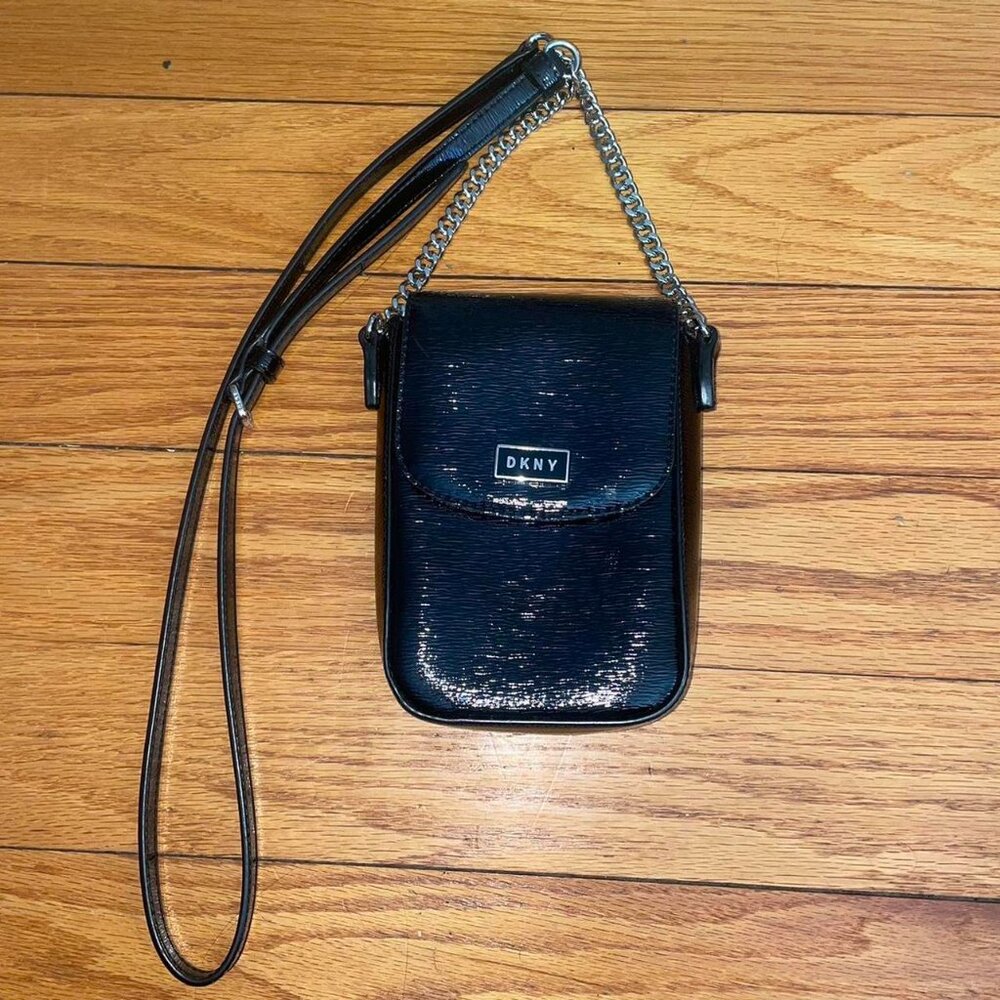 DKNY black mini crossbody bag with silver chain